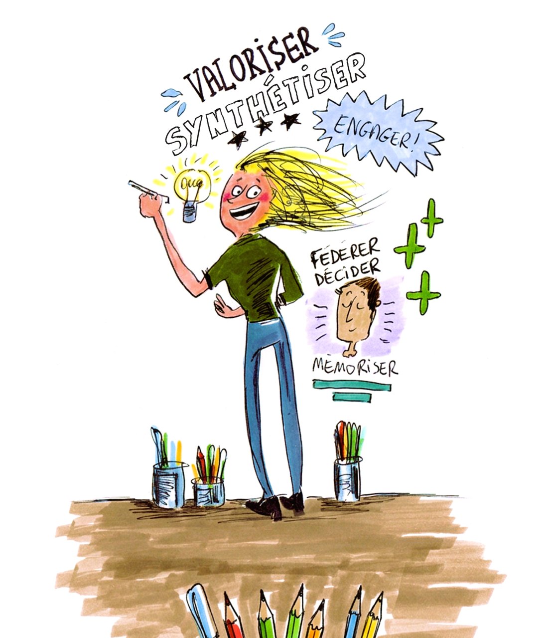 Dessin de Carolyn Goude : son personnage aux cheveux blonds dessine au mur les mots Valoriser, Synthétiser, Engager, Fédérer, Décider, Mémoriser