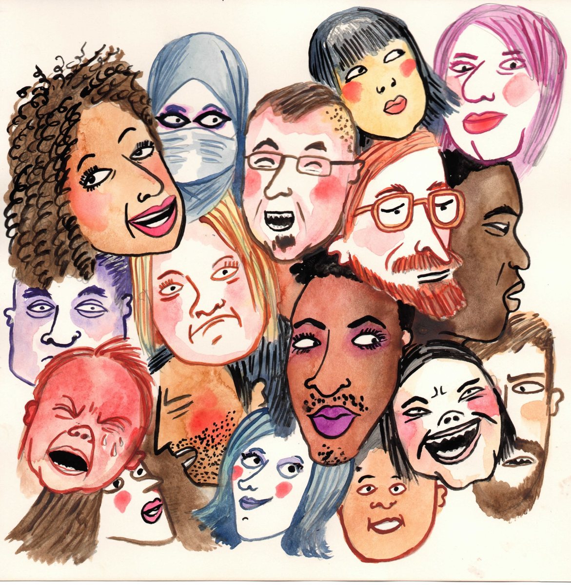 Aquarelle : une foule de visages, chacun avec son expression