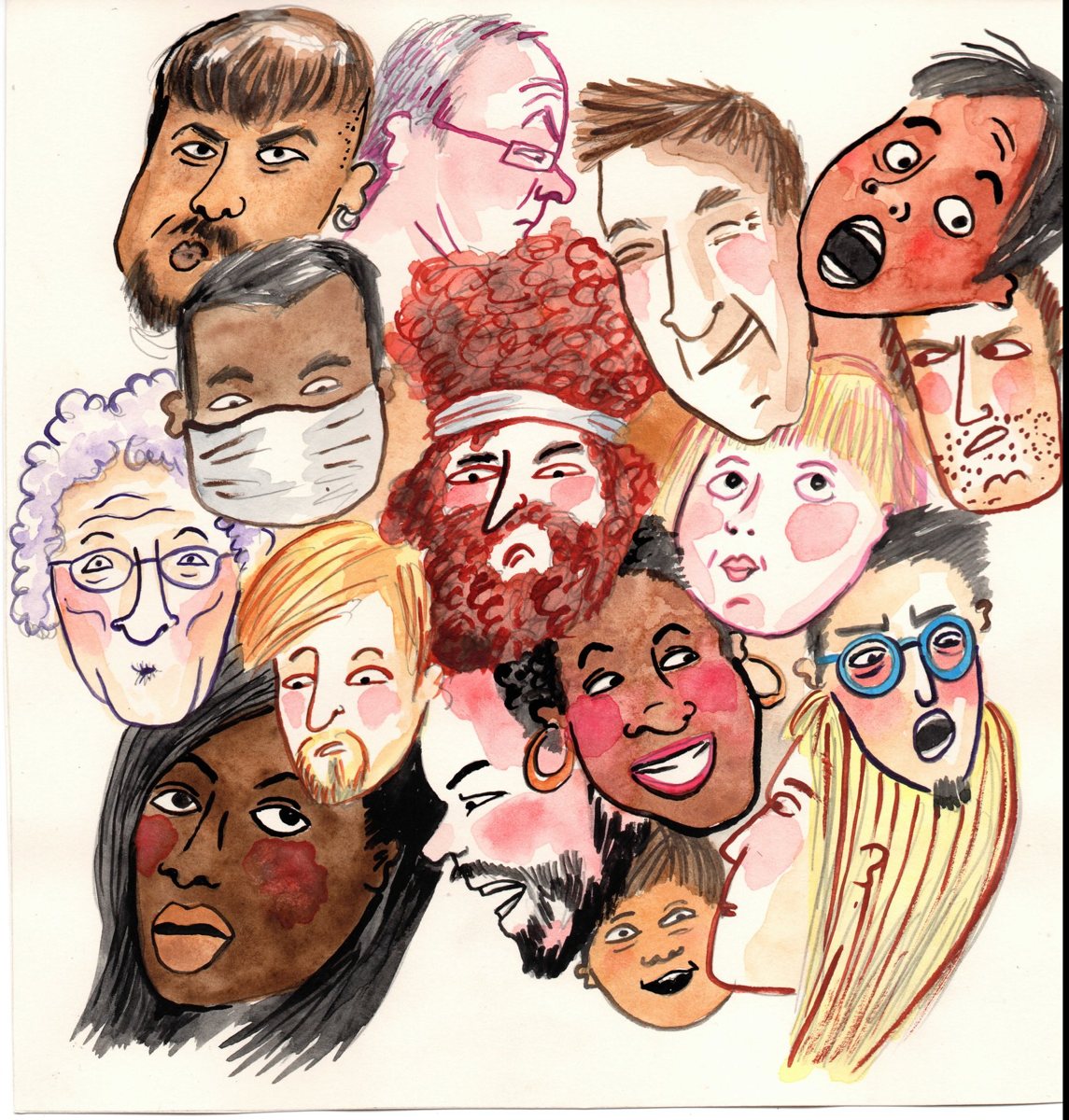 Aquarelle : une autre foule de visages expressifs