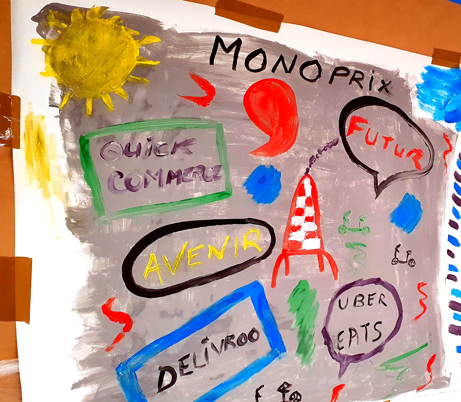 Partie de fresque sur fond gris : Quick commerce, Avenir, Futur