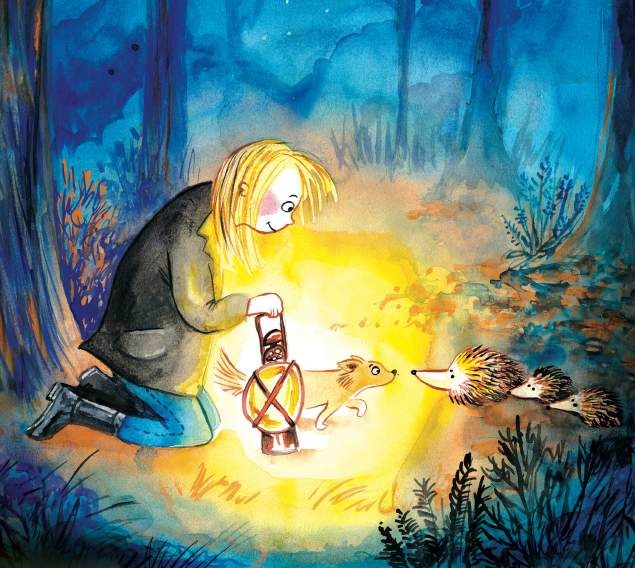 Aquarelle : une personne penchée sur une lanterne dans la nuit