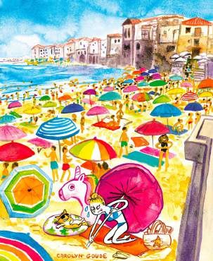 Aquarelle : une plage bondée et colorée