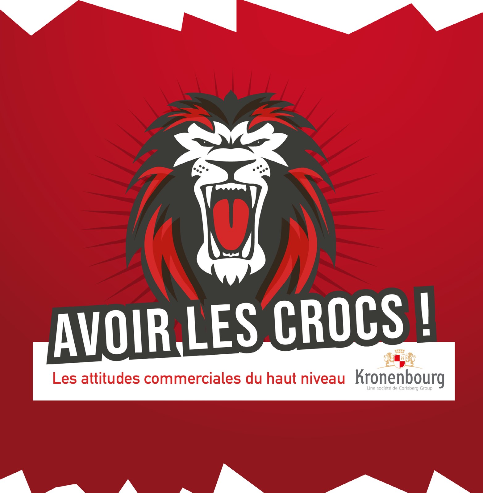 Logo Avoir les crocs ! : une tête de lion rugissant, rouge et anthracite, pour Kronenbourg