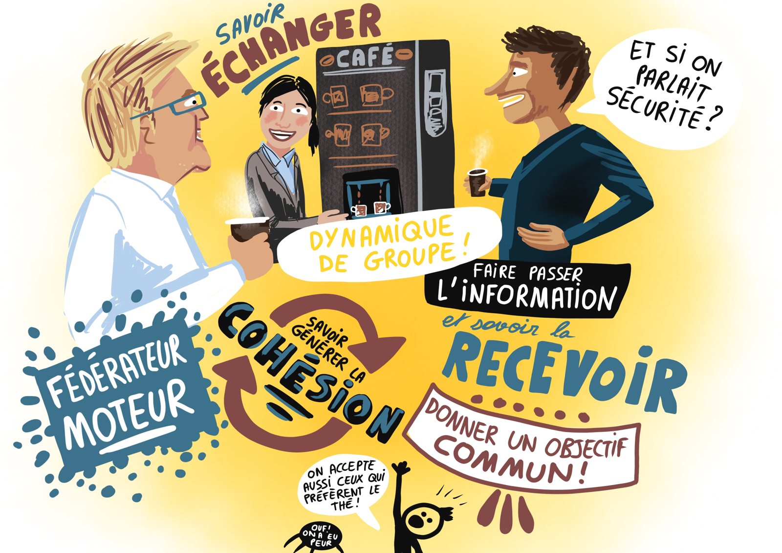 Illustration numérique Safran : discussion à la machine à café