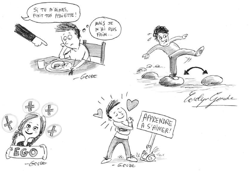 Croquis au crayon : personnages, flèches et mots-clés